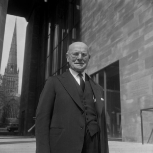 1962 Sir John Laing outside the completed Coventry Cathedral. He refused to accept any profit for the project and this was one of the biggest projects of the day. At the same time, the Company was building the world’s first full scale nuclear Power Station at Berkeley. The two projects were referred to in the press at the time as: The Power and the Glory.